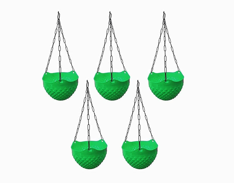 GoHooked green plastic hanging planters with metal chains, set of 5. Round woven design.