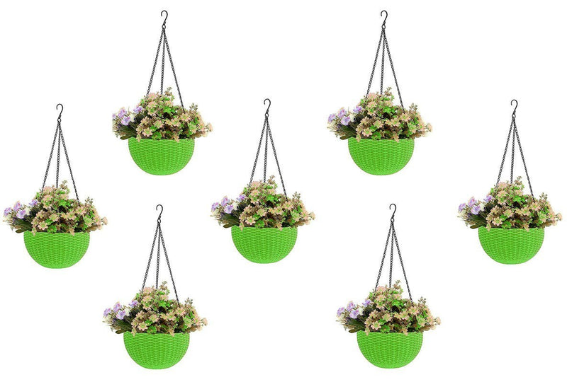 GoHooked green round plastic hanging planters with woven texture, holding faux flowers. Pack of 7.