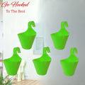 GoHooked green plastic hanging planters, set of 5, 22 cm diameter, ideal for vertical gardens and balconies.