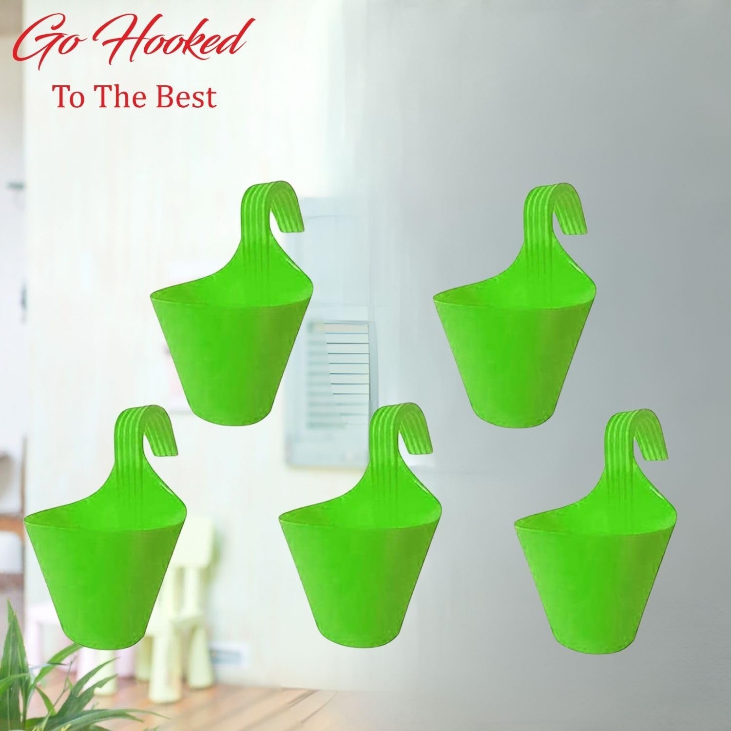 GoHooked green plastic hanging planters, set of 5, 22 cm diameter, ideal for vertical gardens and balconies.
