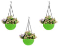 Go Hooked green woven plastic hanging planters with artificial flowers, 7.1" diameter, set of 3.