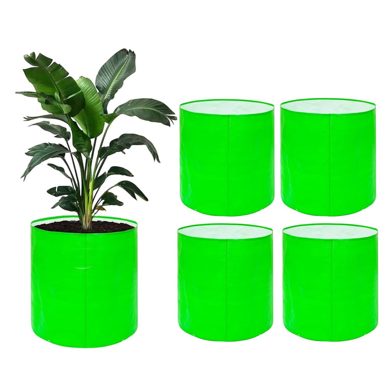 GoHooked green HDPE round grow bags for gardening. Set of 4, one with a plant.
