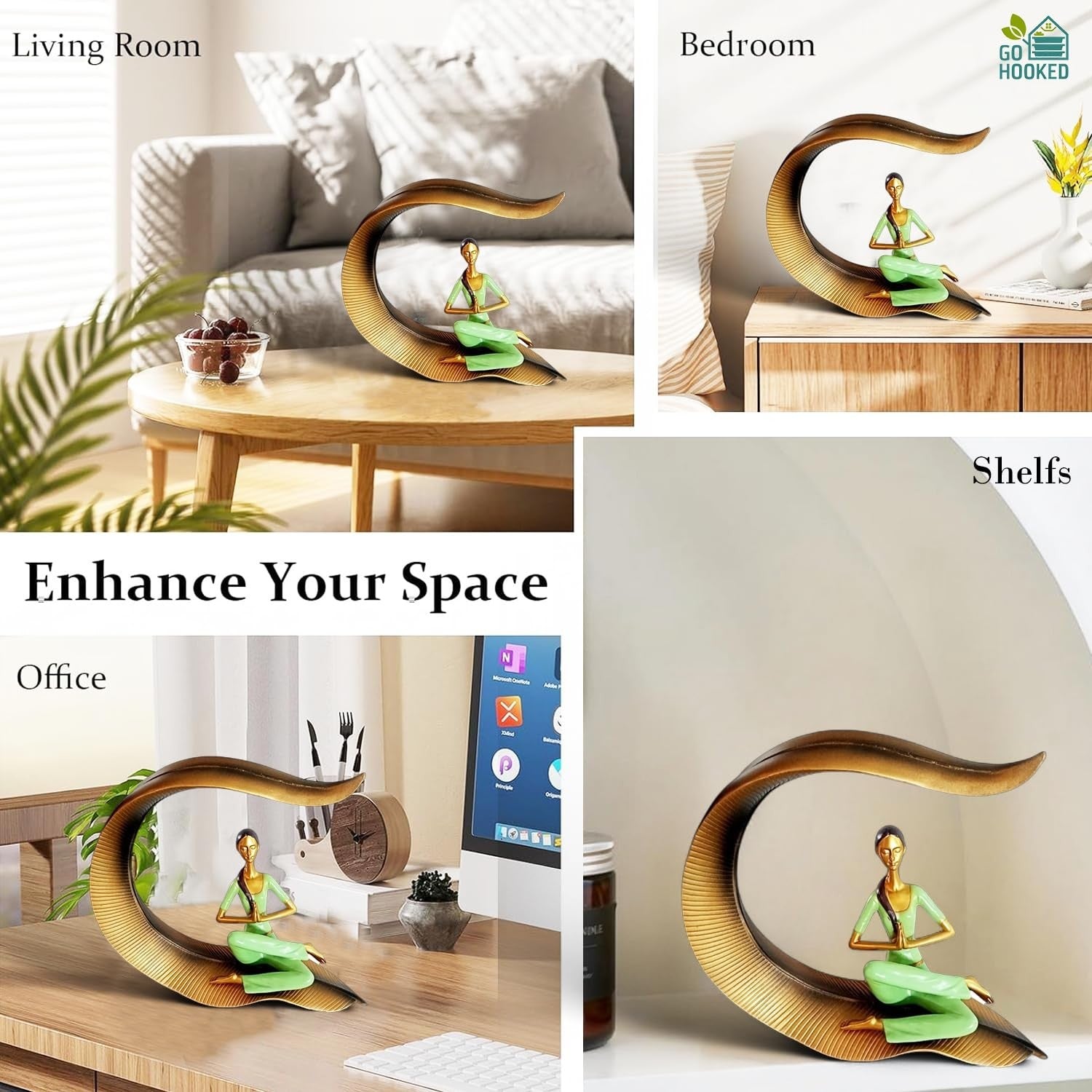 Go Hooked green polyresin meditating woman statue with gold curved base, ideal for yoga and zen decor.