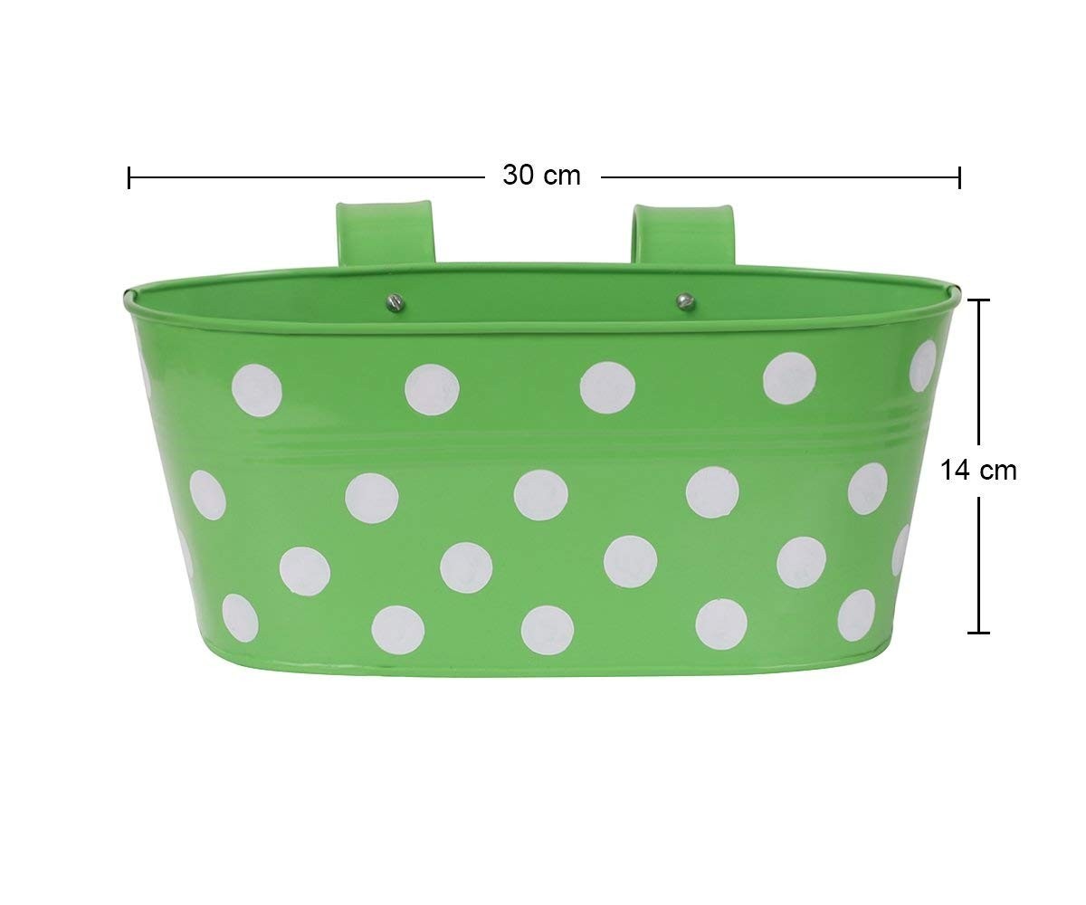 Go Hooked green metal oval hanging planter with white polka dots, 12 inch