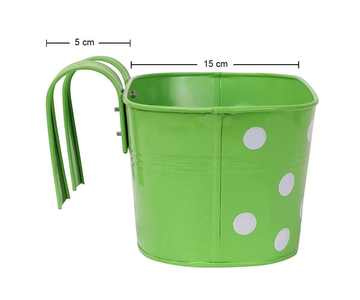 Go Hooked green metal railing planter with white polka dots and detachable double hooks. 12-inch heavy duty, anti-rust, weatherproof pot.