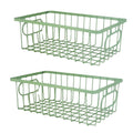 Go Hooked set of 2 green metal wire grid storage baskets with handles, 10" size, for bathroom or kitchen organization.