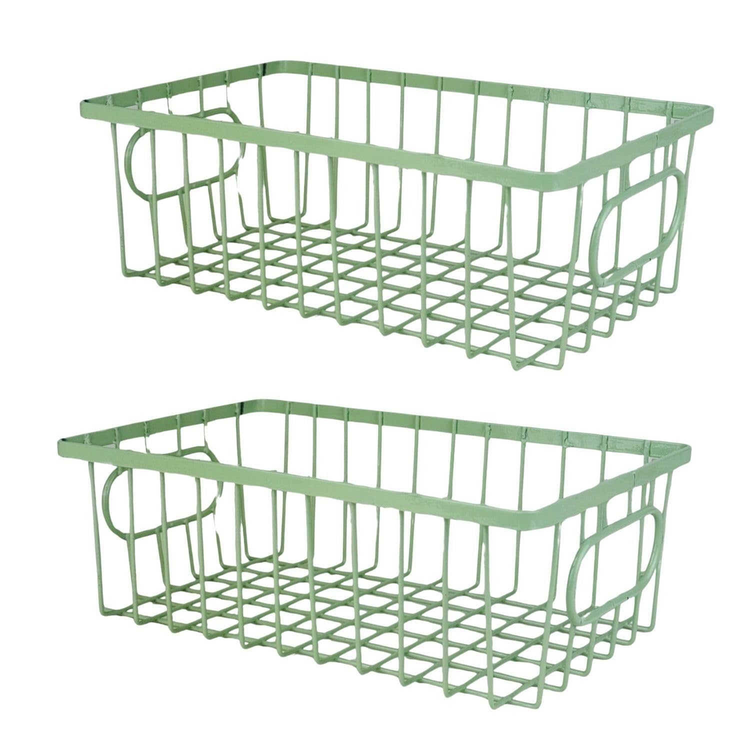 Go Hooked set of 2 green metal wire grid storage baskets with handles, 10" size, for bathroom or kitchen organization.