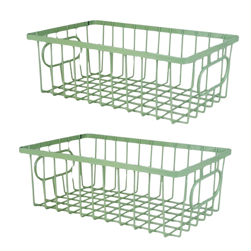 Go Hooked set of 2 green metal wire grid storage baskets with handles, 10" size, for bathroom or kitchen organization.