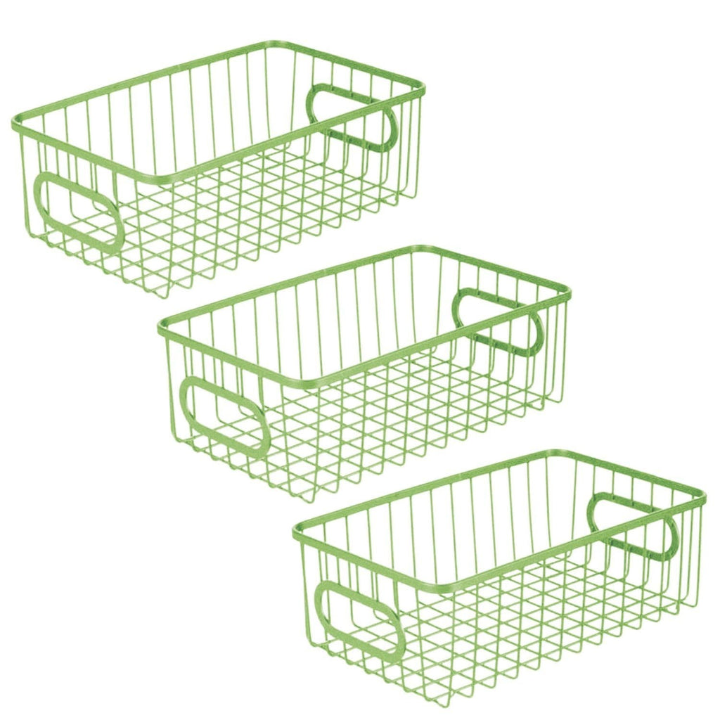 GoHooked green metal wire grid storage basket bin with handles, pack of 3. Modern design for multipurpose organization.