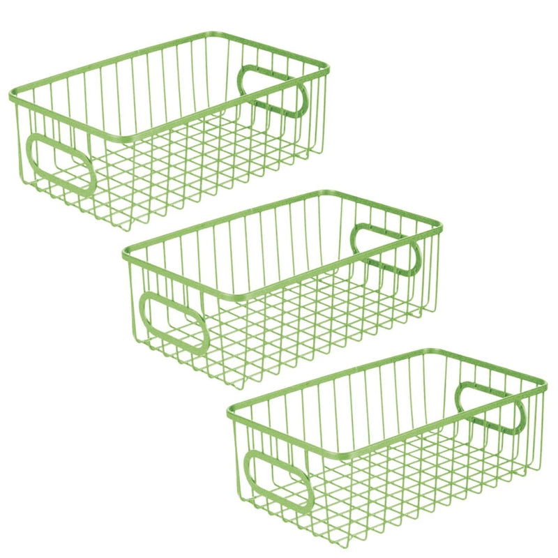 GoHooked green metal wire grid storage basket bin with handles, pack of 3. Modern design for multipurpose organization.