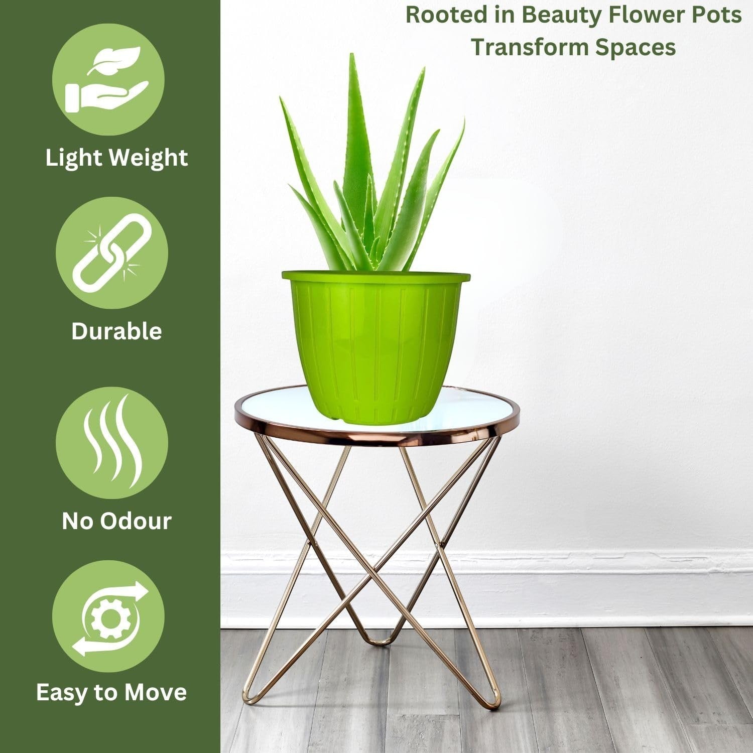 GoHooked green plastic flower pot with tray, 8 inch, durable, lightweight, no odour, easy to move. Ideal for indoor/outdoor gardening.