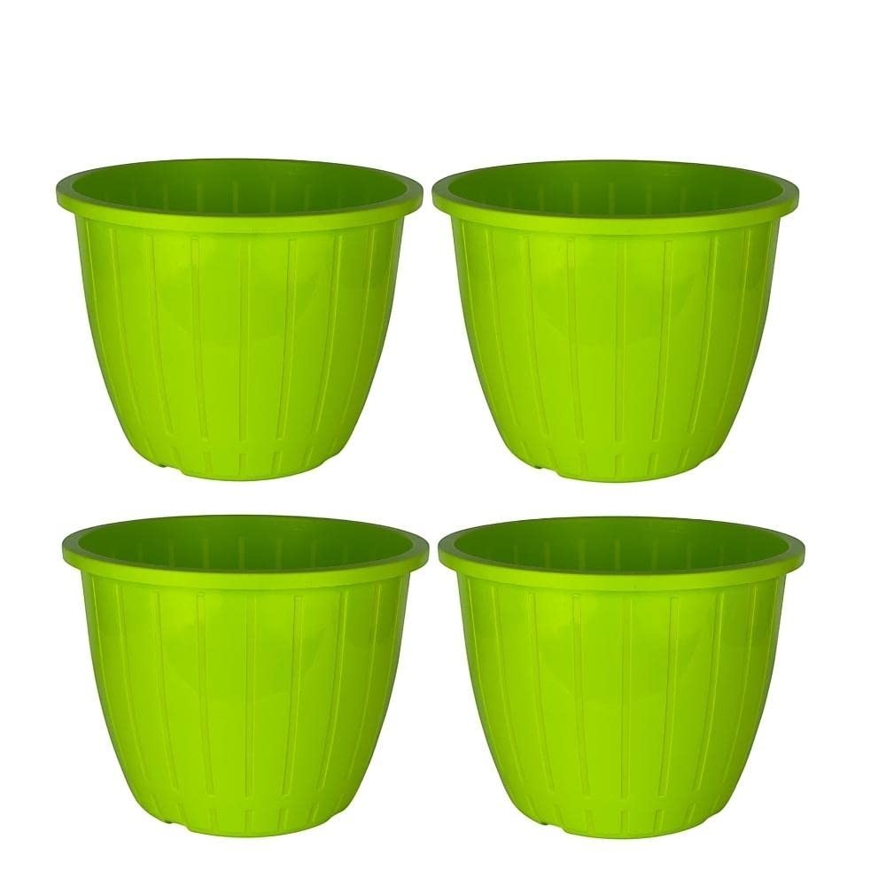 GoHooked green plastic Duro flower pots, 10-inch, pack of 4. Lightweight, durable, modern design for indoor/outdoor gardening.
