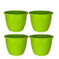 GoHooked green plastic Duro flower pots, 10-inch, pack of 4. Lightweight, durable, modern design for indoor/outdoor gardening.