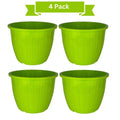 GoHooked green plastic Duro flower pots, 10 inch, pack of 4. Lightweight, durable, and modern design for indoor/outdoor gardening.