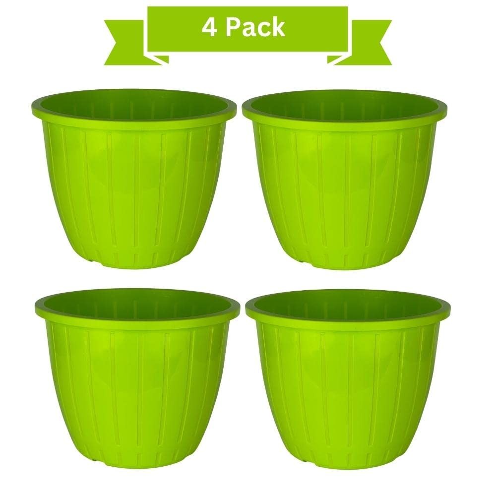 GoHooked green plastic Duro flower pots, 10 inch, pack of 4. Lightweight, durable, and modern design for indoor/outdoor gardening.