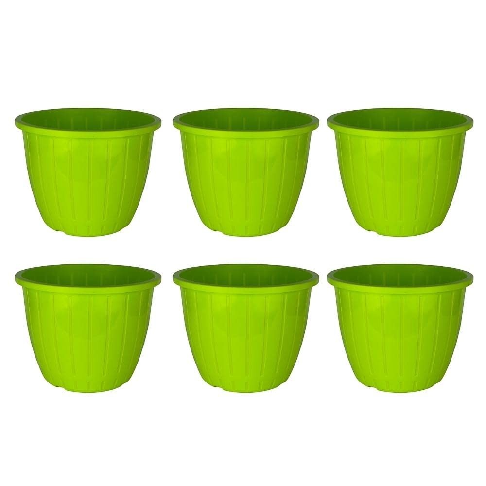 GoHooked pack of 6 green 10-inch plastic duro flower pots with vertical ribbed design for indoor/outdoor gardening.
