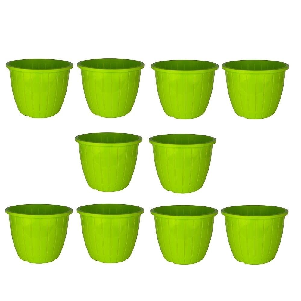 GoHooked 10-inch green plastic Duro flower pots, pack of 10. Lightweight, durable, and modern design for indoor/outdoor gardening.