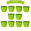 GoHooked 10-inch green plastic Duro flower pots, pack of 10. Lightweight, durable planters for indoor/outdoor gardening.