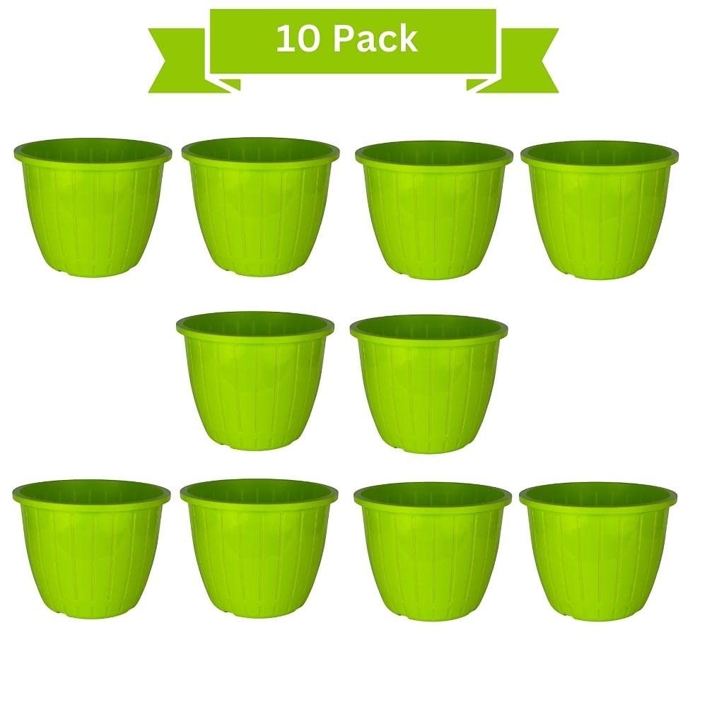 GoHooked 10-inch green plastic Duro flower pots, pack of 10. Lightweight, durable planters for indoor/outdoor gardening.