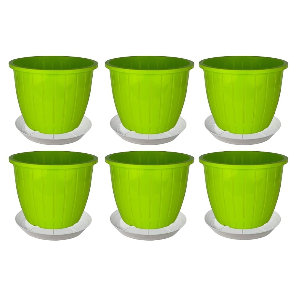 GoHooked 6-pack of 8-inch green plastic flower pots with matching trays, ideal for indoor/outdoor gardening.