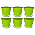 GoHooked 6-pack of 8-inch green plastic flower pots with matching trays, ideal for indoor/outdoor gardening.