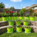 GoHooked bright green plastic planters with trays, 8 inch, pack of 12, for indoor/outdoor gardening.