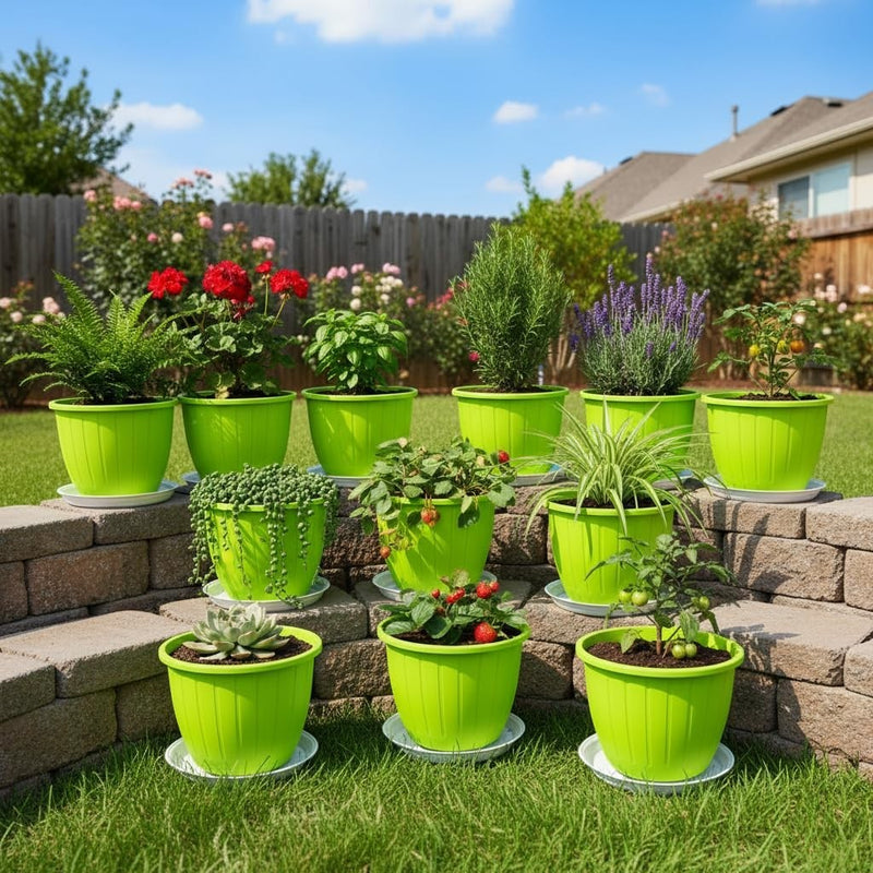 GoHooked bright green plastic planters with trays, 8 inch, pack of 12, for indoor/outdoor gardening.