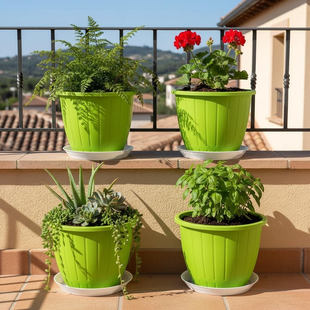 GoHooked 8-inch green plastic flower pots with trays, set of 4, for indoor/outdoor gardening.