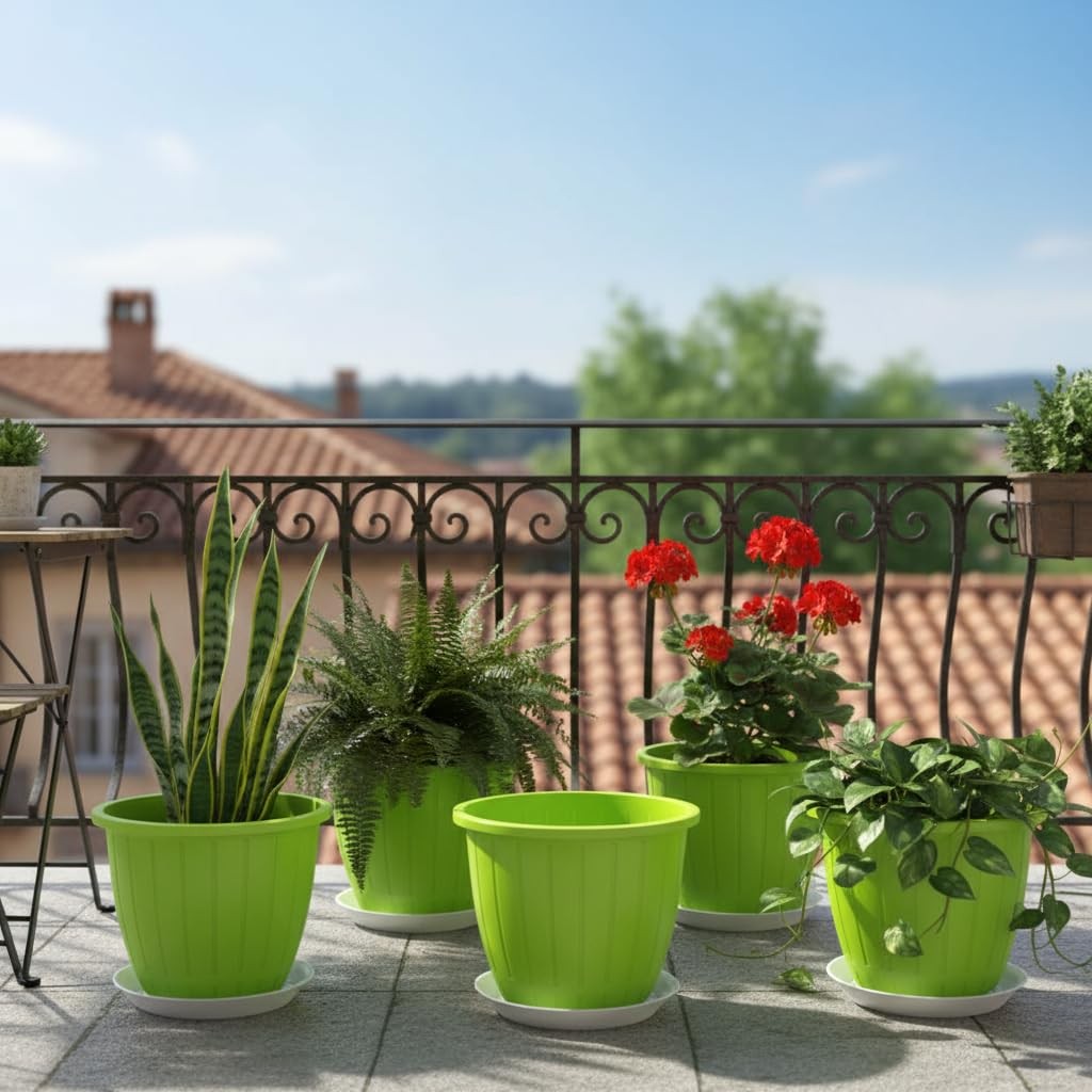 GoHooked 8-inch green plastic flower pots with trays, set of 5, for indoor/outdoor gardening.