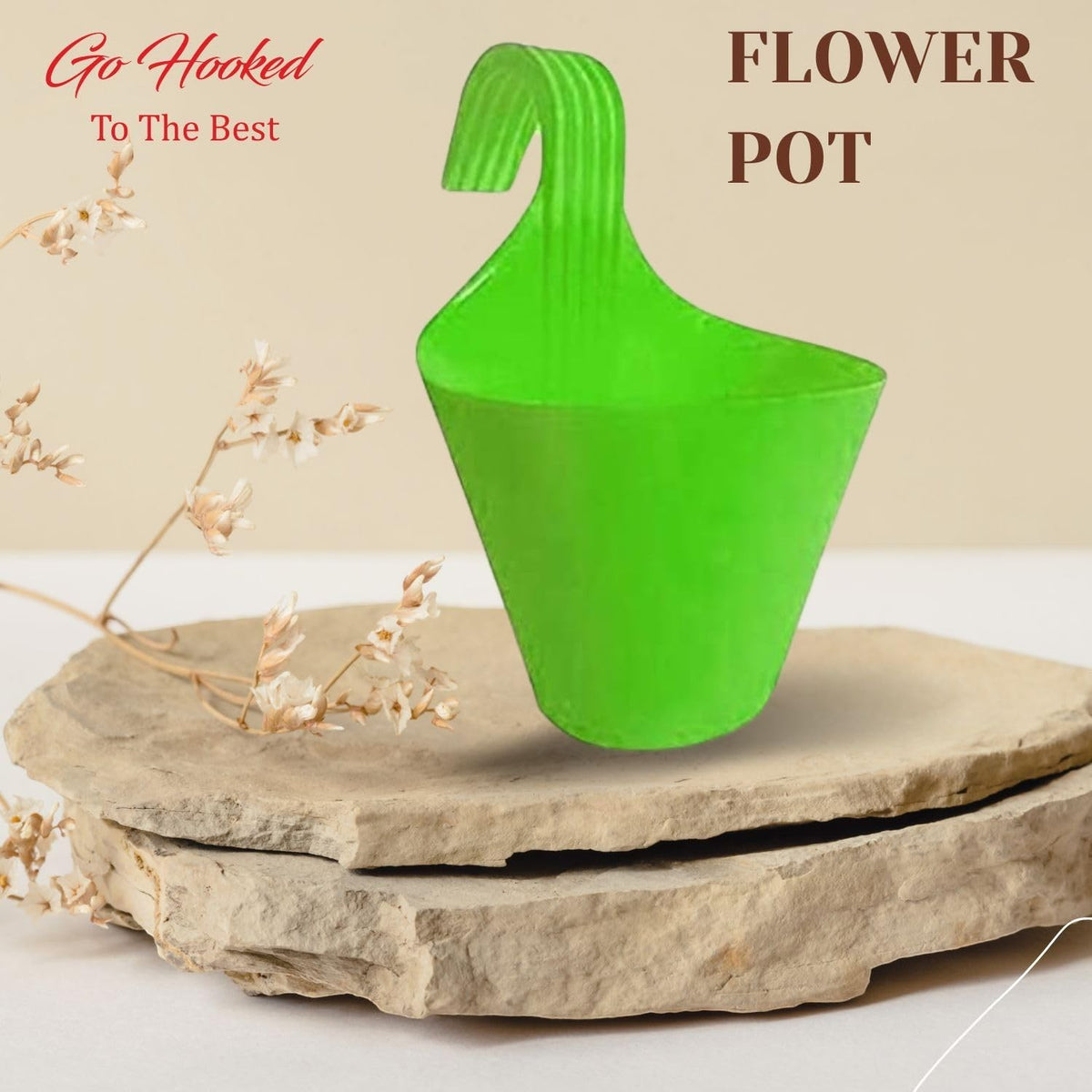 Go Hooked green plastic hanging planter, 22 cm diameter, 17 cm height, ideal for balconies and vertical gardens.