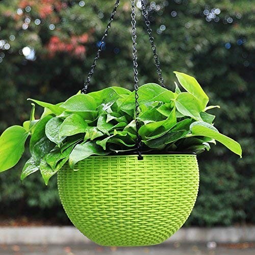 GoHooked green plastic hanging planter with woven texture, 7.1 inch diameter, holding lush green plants.