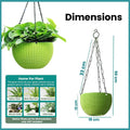 GoHooked green plastic hanging planter with woven texture and metal chain. 7.1 inch diameter.