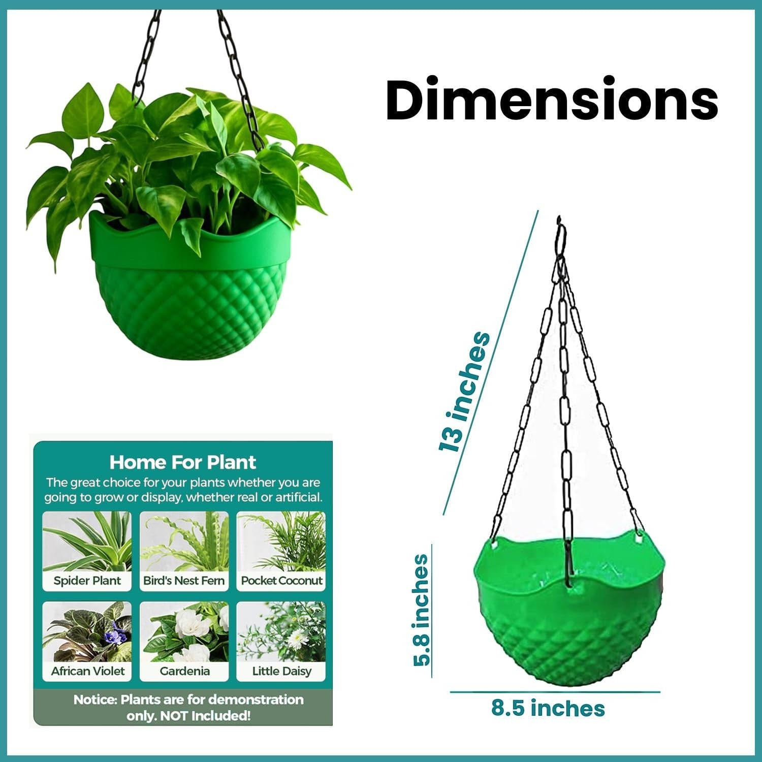 Go Hooked green crystal plastic hanging planter with metal chain, 8.5 inch diameter, 5.8 inch height.