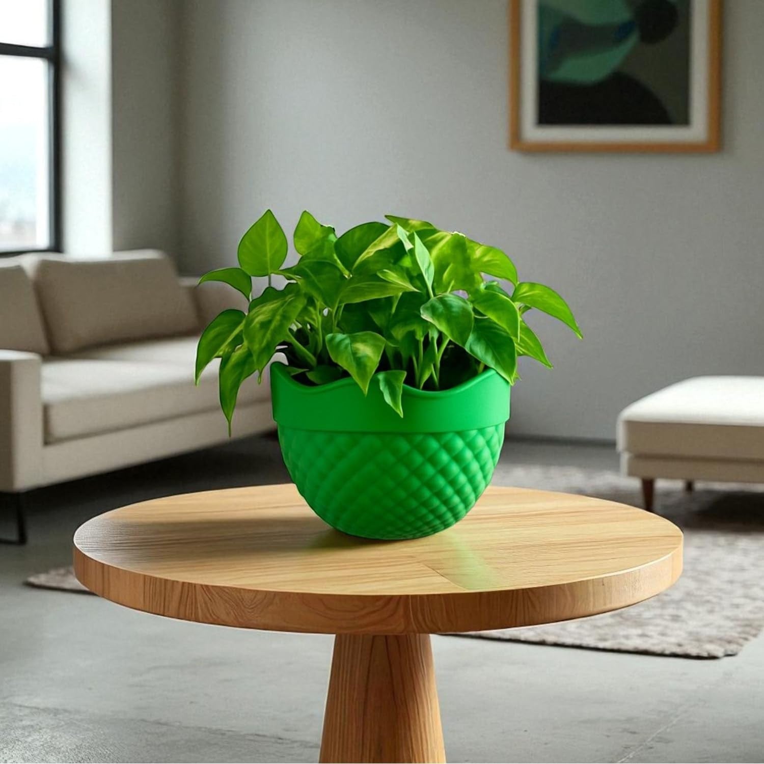 GoHooked green plastic hanging planter with diamond pattern texture and metal chain. Ideal for indoor or outdoor use.