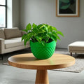 Go Hooked green crystal plastic round hanging planter with woven texture, 8.5 inch diameter.