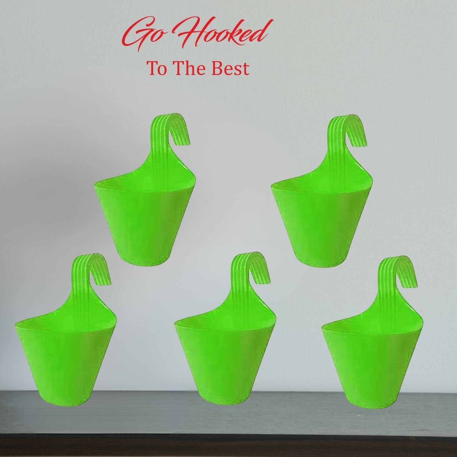 GoHooked Set of 5 green plastic hanging planters, 22 cm diameter, ideal for vertical gardens and balconies.