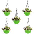 GoHooked green plastic hanging planters with woven texture, 7.1 inch diameter, holding purple and green flowers.
