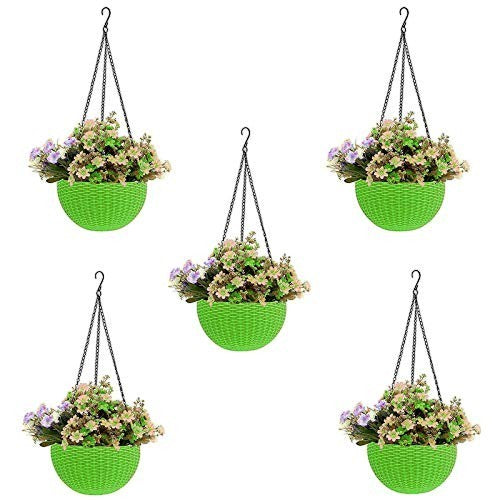 GoHooked green plastic hanging planters with woven texture, 7.1 inch diameter, holding purple and green flowers.