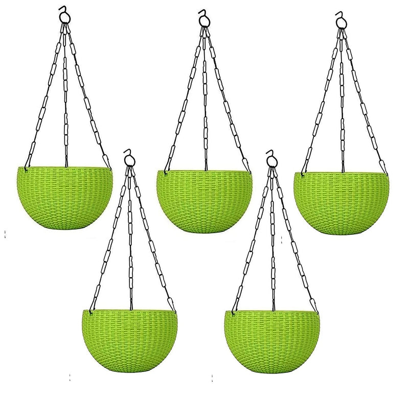 GoHooked green plastic hanging planters with chains, woven texture, 7.1 x 4.8 inch, pack of 6