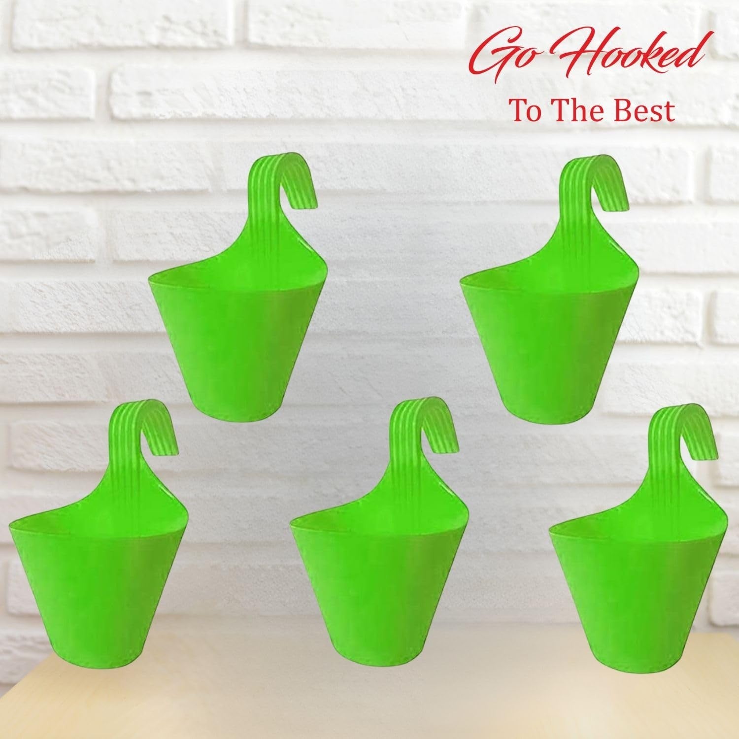 Go Hooked Set of 5 green plastic hanging planters, 22 cm diameter, 17 cm height, for vertical gardens and balconies.