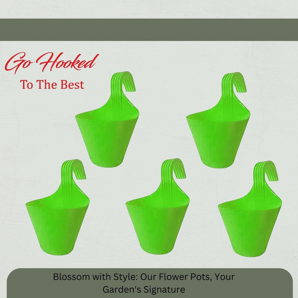 GoHooked set of 5 green plastic hanging planters, 22 cm diameter, 17 cm height, ideal for balconies and vertical gardens.