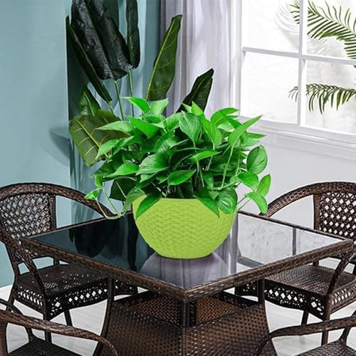 GoHooked green plastic hanging pot with woven texture, 7.1 inch diameter, 4.8 inch height.
