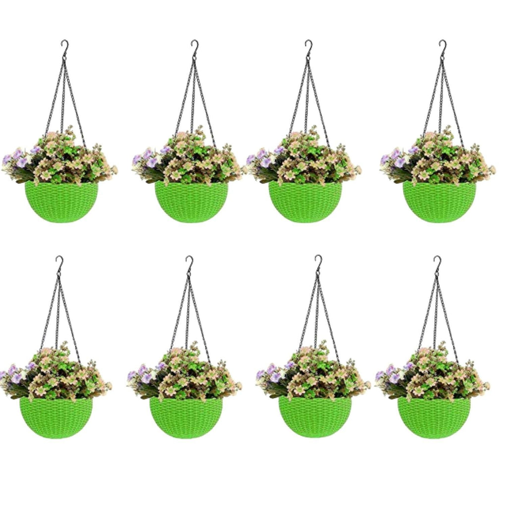 GoHooked green plastic hanging pot with woven texture, 7.1 inch diameter, set of 8.