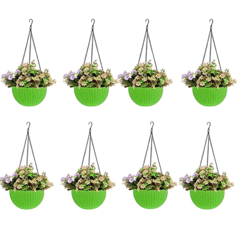 GoHooked green plastic hanging pot with woven texture, 7.1 inch diameter, set of 8.