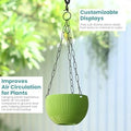 GoHooked green plastic hanging pot with woven texture and metal chain. Ideal for indoor/outdoor use.