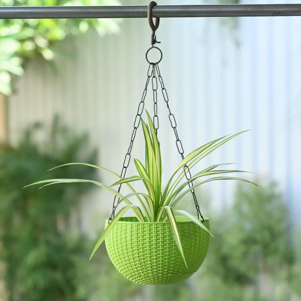 GoHooked green plastic hanging pot with woven texture, holding a spider plant. 7.1 inch diameter.