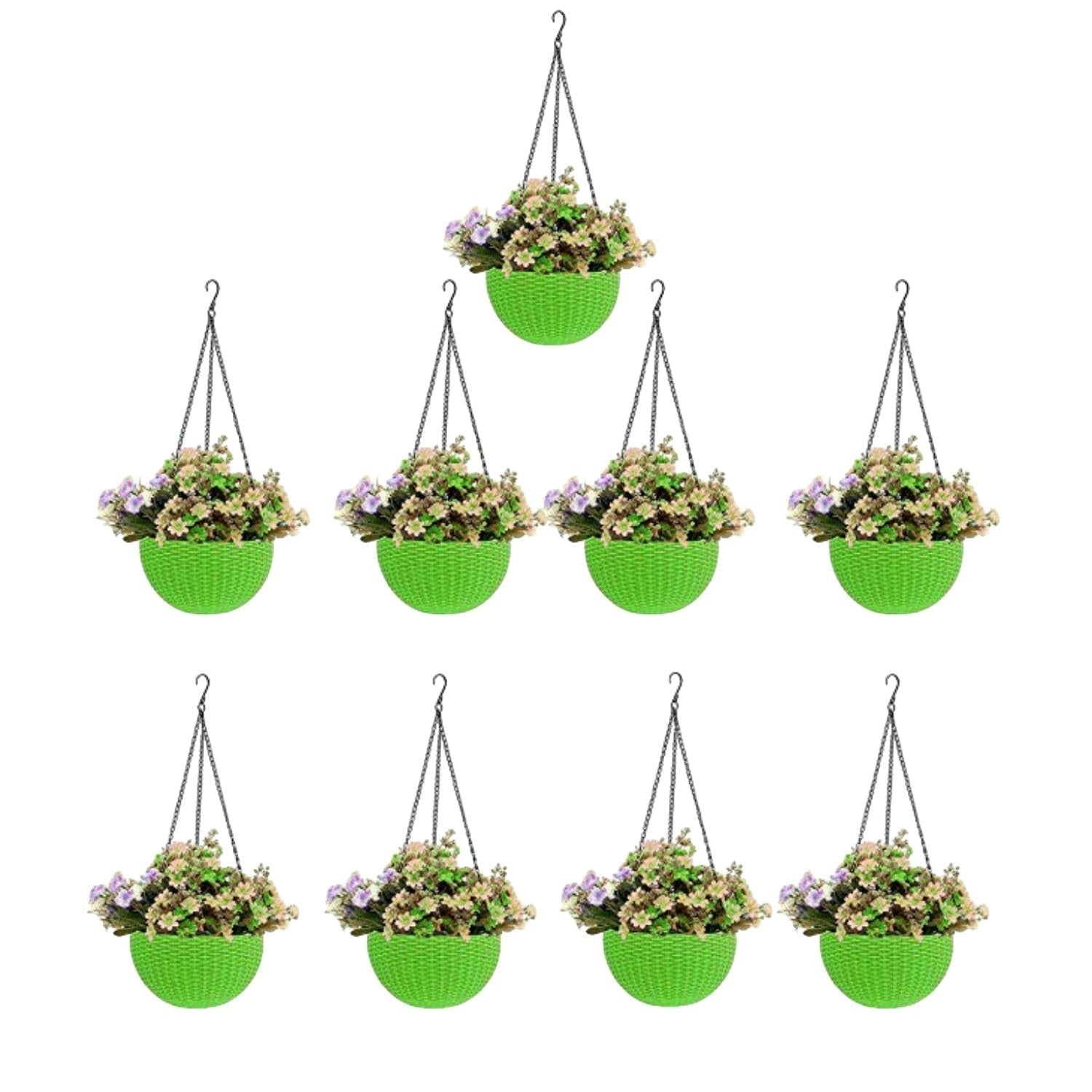 GoHooked set of 5 green plastic hanging pots with woven texture, featuring artificial flowers.