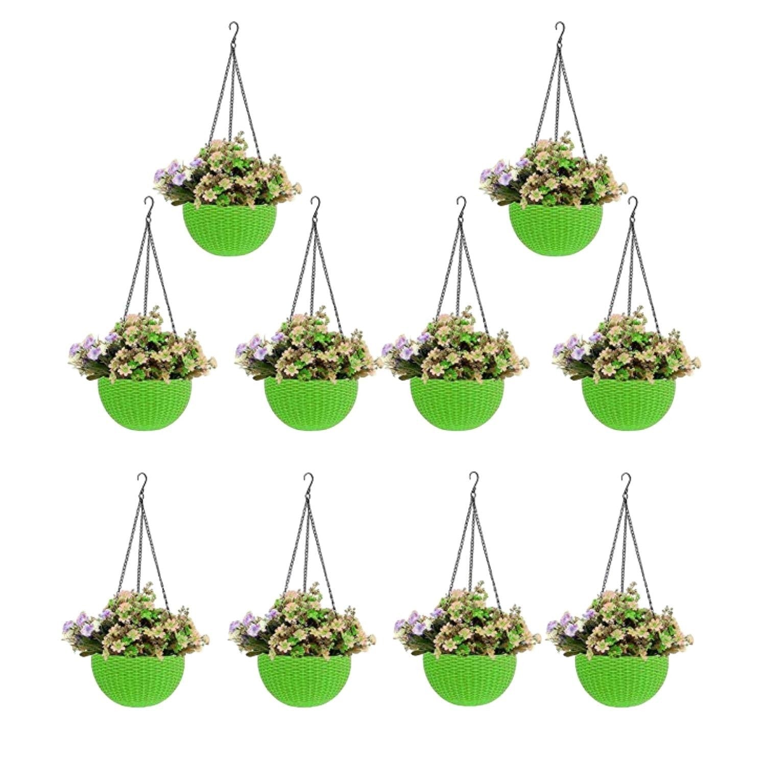 GoHooked 5-piece set of green plastic hanging pots with woven texture, each holding faux flowers.