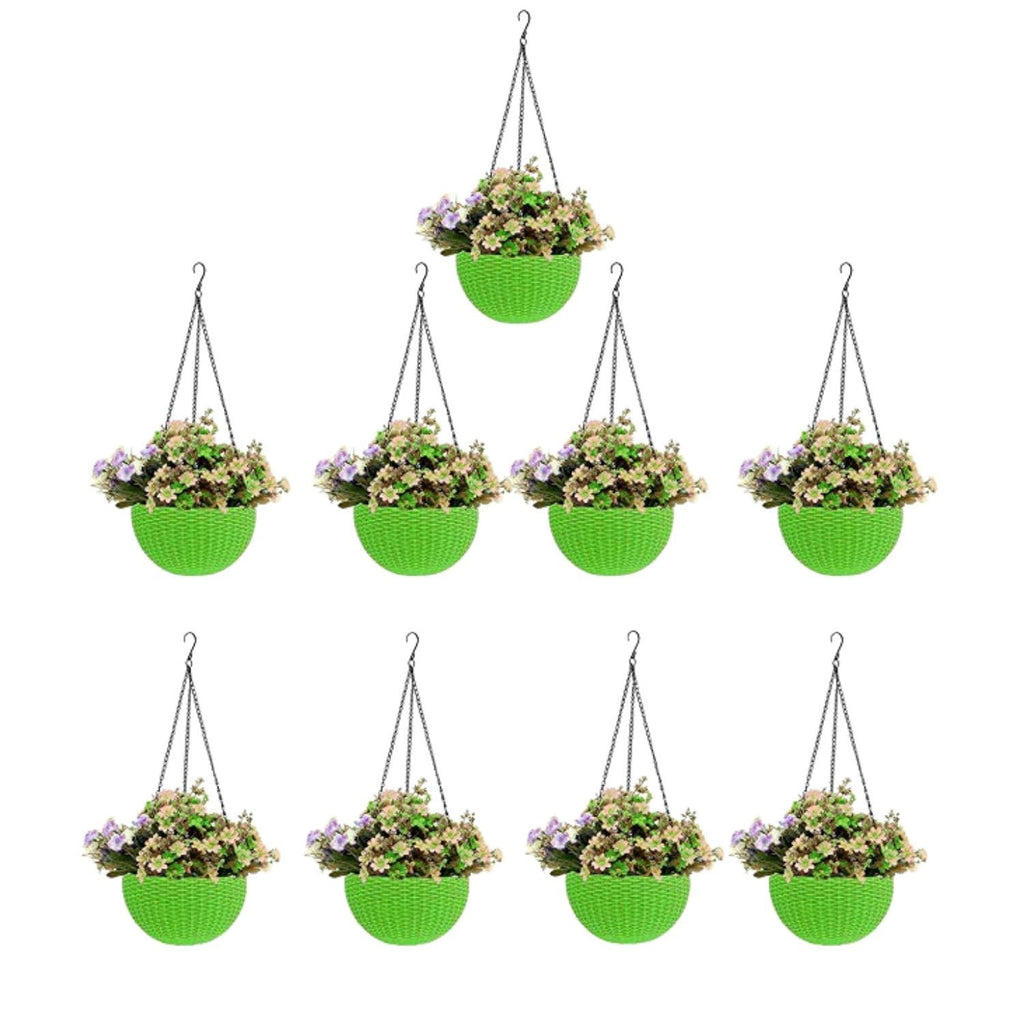 GoHooked green plastic hanging pots with woven texture, 7.1 inch diameter, set of 9. Includes faux flowers.