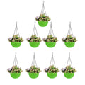 GoHooked green plastic hanging pots with woven texture, 7.1 inch diameter, set of 9. Includes faux flowers.